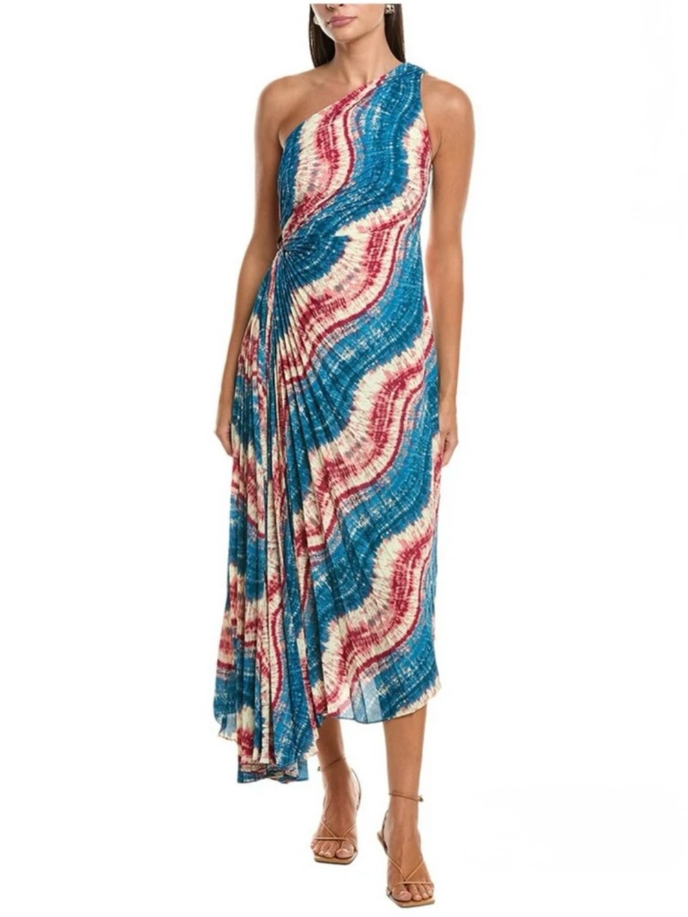 NWT Nicole Miller One-Shoulder Tie-Dye Dress in Blue, Red, Cream, 6